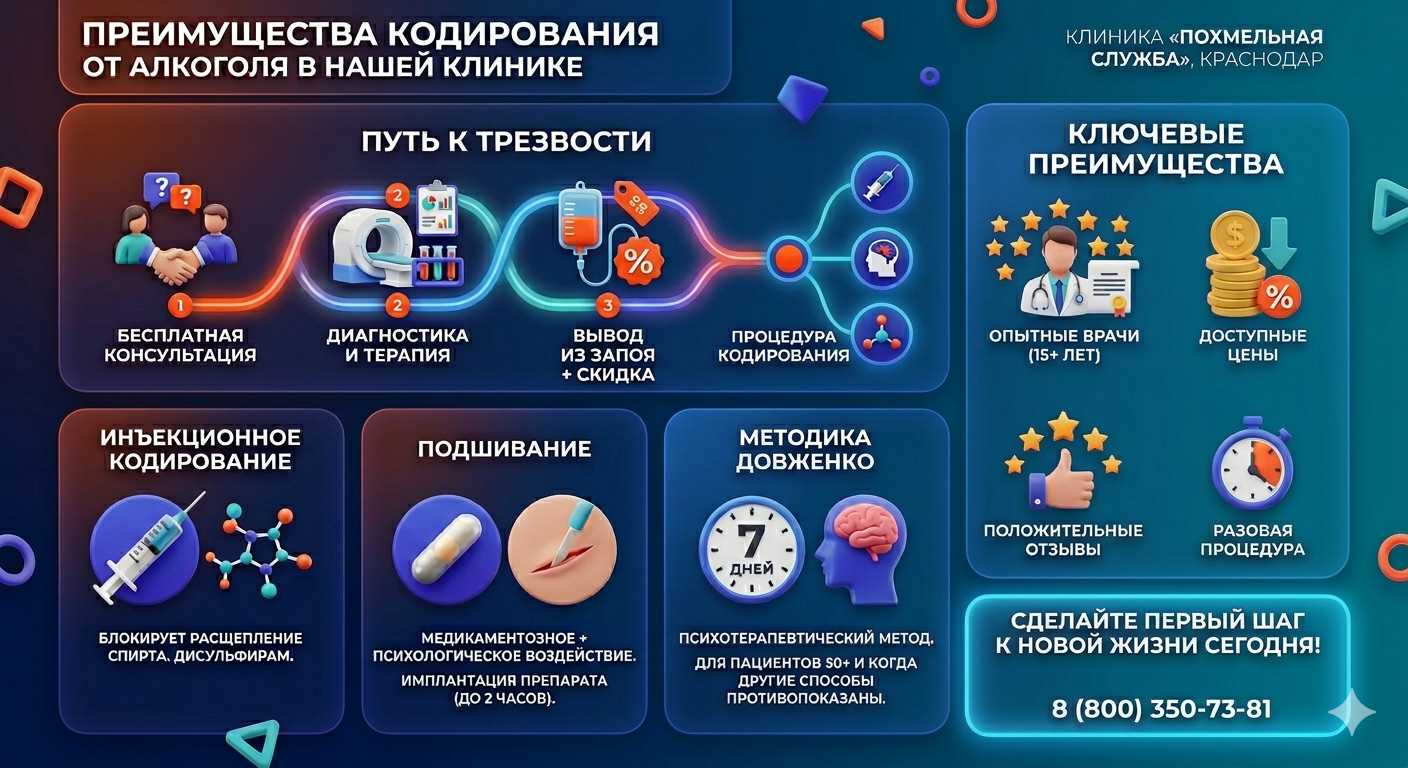 Инфографика о методах кодирования от алкоголя в Калаче: инъекции, подшивание, метод Довженко. Преимущества клиники и этапы лечения.