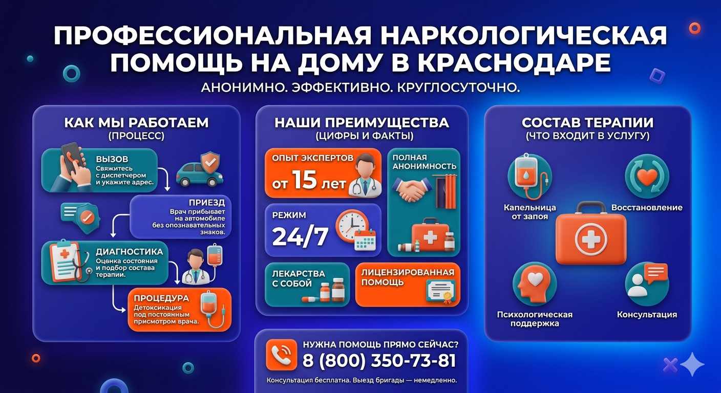 Инфографика о принципах лечения алкоголизма на дому в Калаче: этапы вызова нарколога, преимущества анонимной детоксикации и состав медицинской помощи.